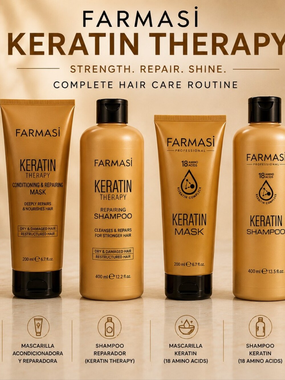 6 Farmasi Keratin Therapy Repairing Shampoo & Mask Set - Gold Packaging